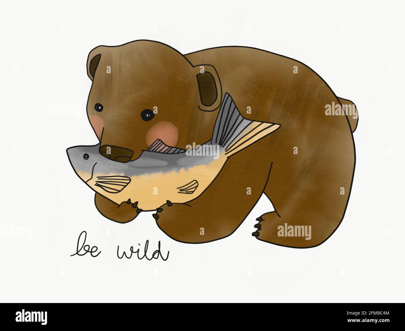Soyez un ours brun sauvage avec une illustration représentant un dessin animé de poisson Banque D'Images