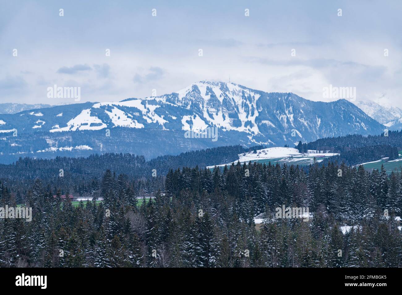Vue sur de vastes forêts jusqu'au sommet des Grünten, couvert de neige. Allgäu Alpes, Bavière, Allemagne, Europe Banque D'Images