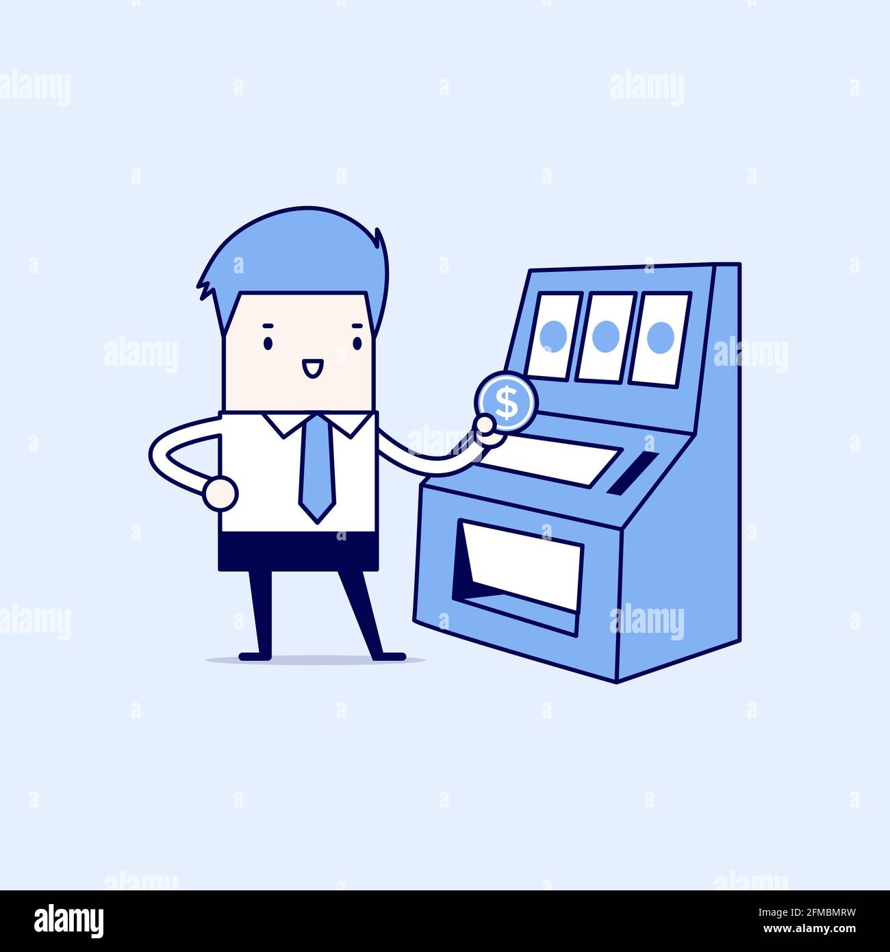 Homme d'affaires avec machine à sous. Vecteur de style ligne fine de personnage de dessin animé. Illustration de Vecteur