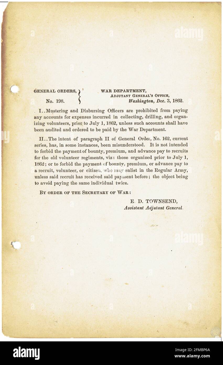 CSA - USA - Guerre civile - Guerre de Sécession ordre général n°198 du 3 décembre 1862 Banque D'Images