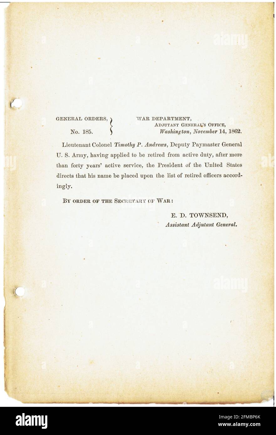 CSA - USA - Guerre civile - Guerre de Sécession ordre général n°185 du 14 novembre 1862 Banque D'Images