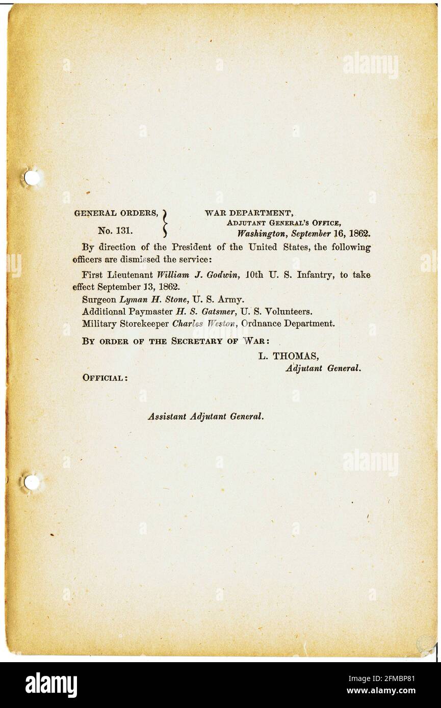 CSA - USA - Guerre civile - Guerre de Sécession ordre général n°131 du 16 septembre 1862 Banque D'Images