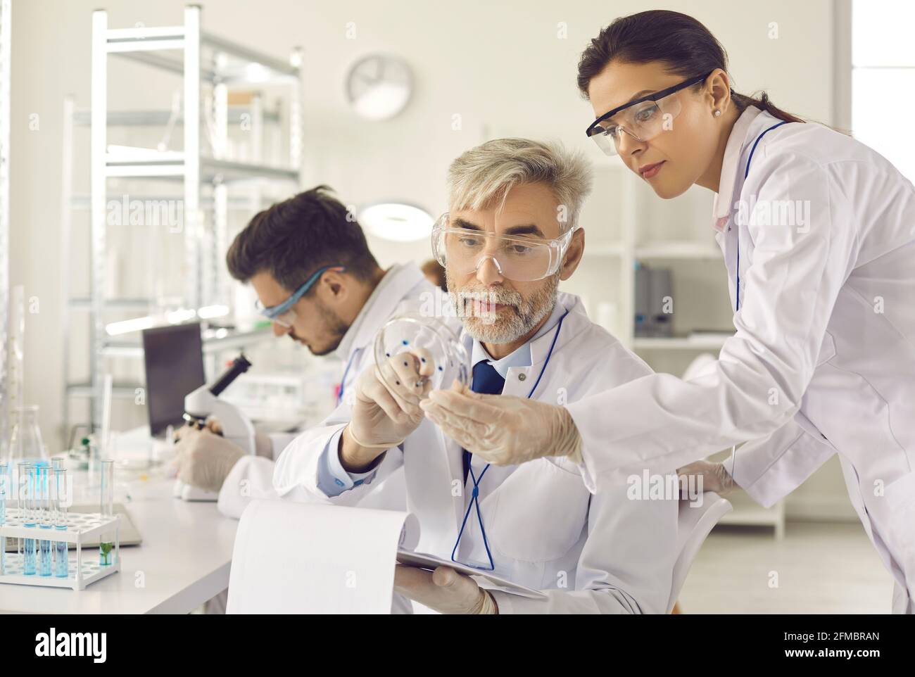 Groupe de scientifiques sérieux avec boîte de Pétri faisant la recherche microbiologique en laboratoire Banque D'Images