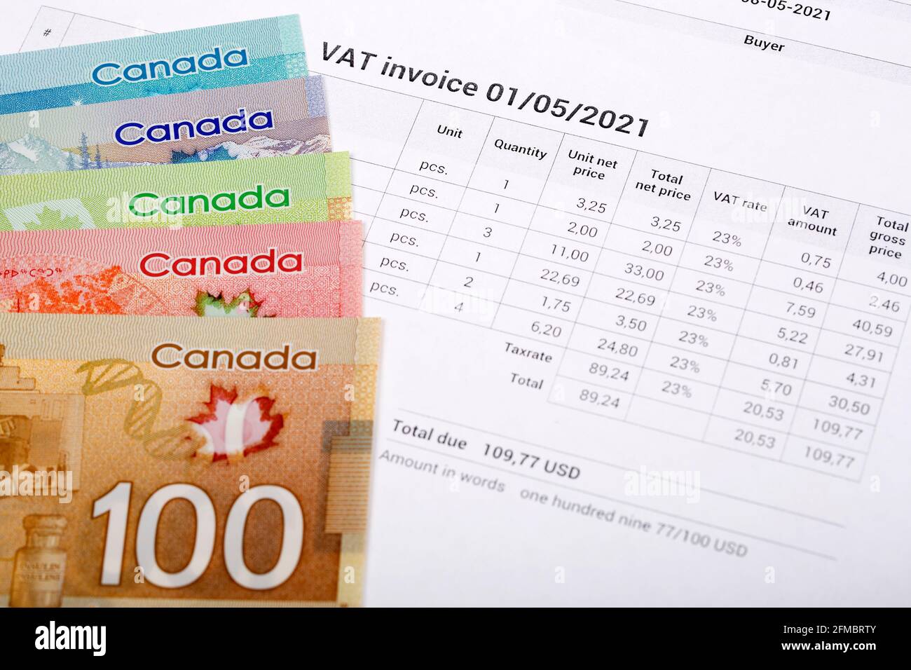 Facture de TVA en argent canadien Banque D'Images