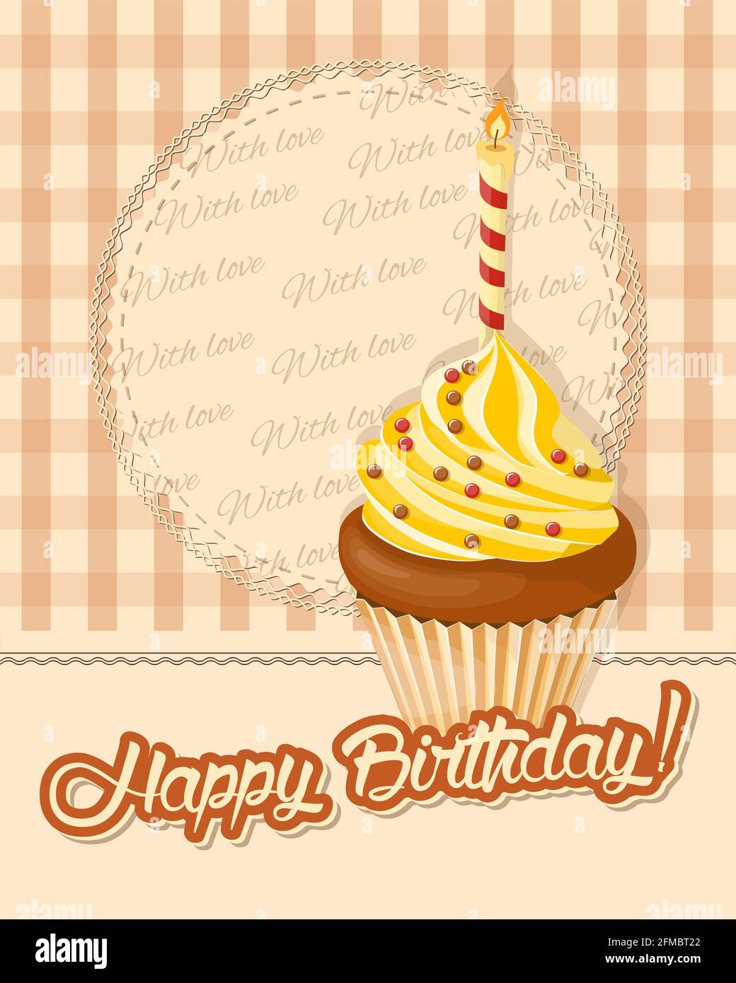 Carte D Anniversaire Avec Inscription Manuscrite Joyeux Anniversaire Et Gateau De Table Realiste Avec Bougie Sur La Serviette Et Fond Vintage Eps10 Photo Stock Alamy