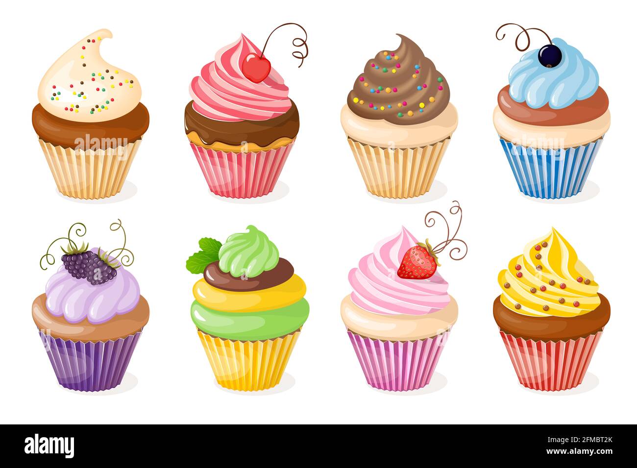 Illustration vectorielle cupcakes pour une invitation à une fête de thé et carte d'anniversaire, menu sucré du restaurant, cafétéria, café de boulangerie ou boutique. Eps10. Banque D'Images