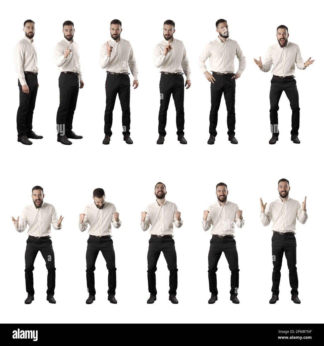 Ensemble d'hommes d'affaires mécontents et de acclamations et de célébrations enthousiastes. Corps entier isolé sur fond blanc. Banque D'Images