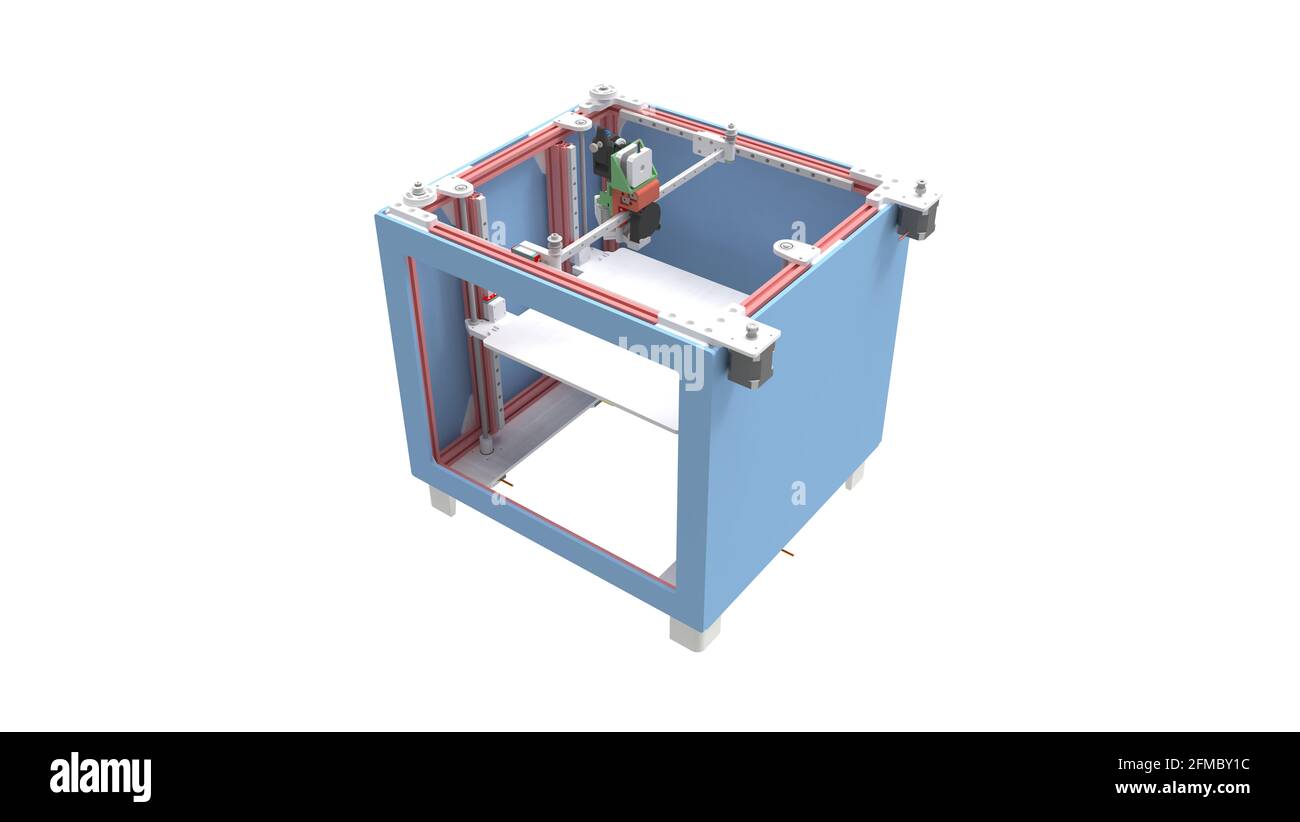 Rendu 3D d'une petite imprimante 3d grand public isolée sur un arrière-plan blanc Banque D'Images