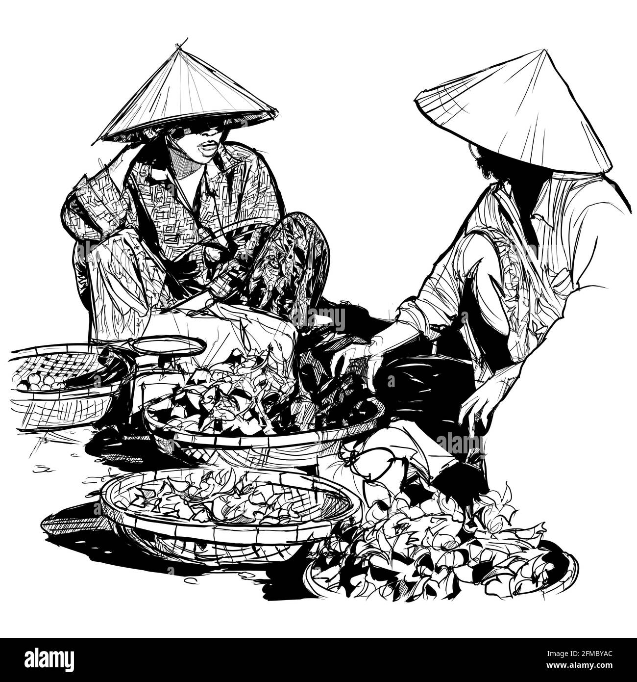 Vendeurs sur le marché local au Vietnam - illustration vectorielle Illustration de Vecteur