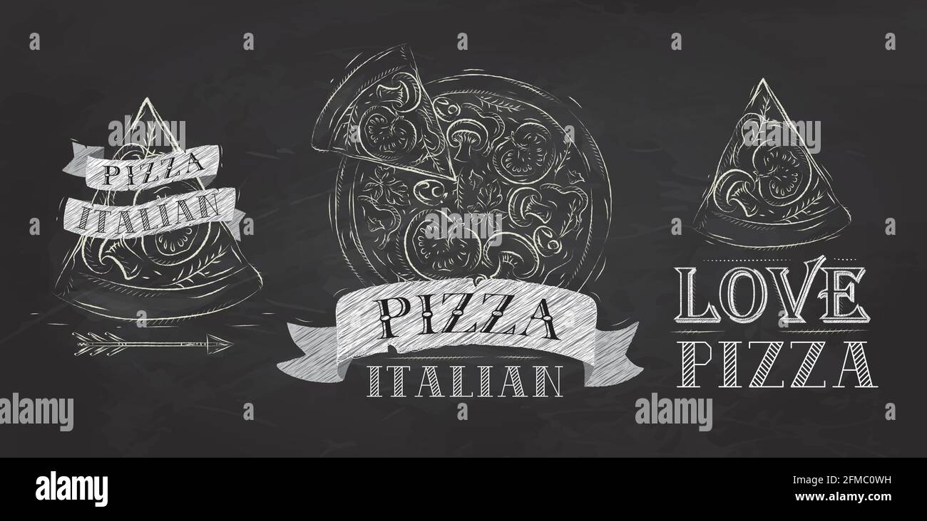 Symbole de pizza, icônes et une tranche de pizza avec l'inscription dessin italien stylisé avec craie sur le tableau noir Illustration de Vecteur