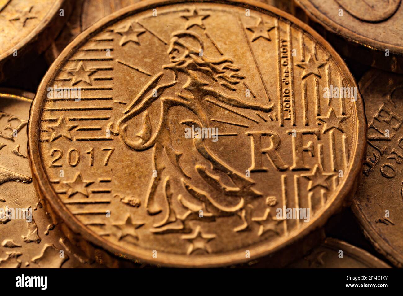 Série de gros plans de pièces en euros. Inverse de 50 cents. Année de fabrication 2017. Pays France Banque D'Images