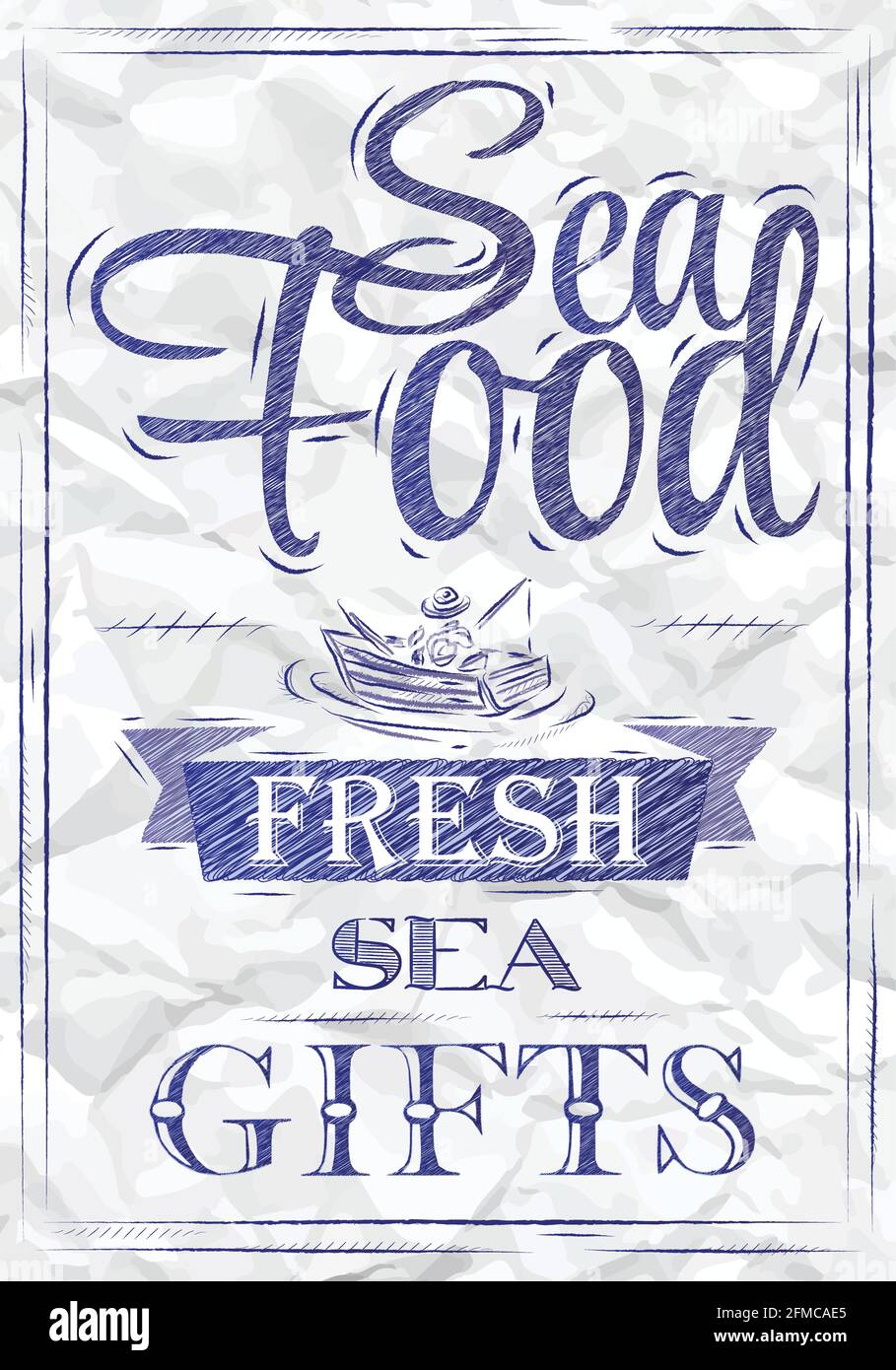 Affiche fruits de mer fruits de mer frais de style rétro dessin stylisé d'un stylo bleu sur un papier froissé. Illustration de Vecteur