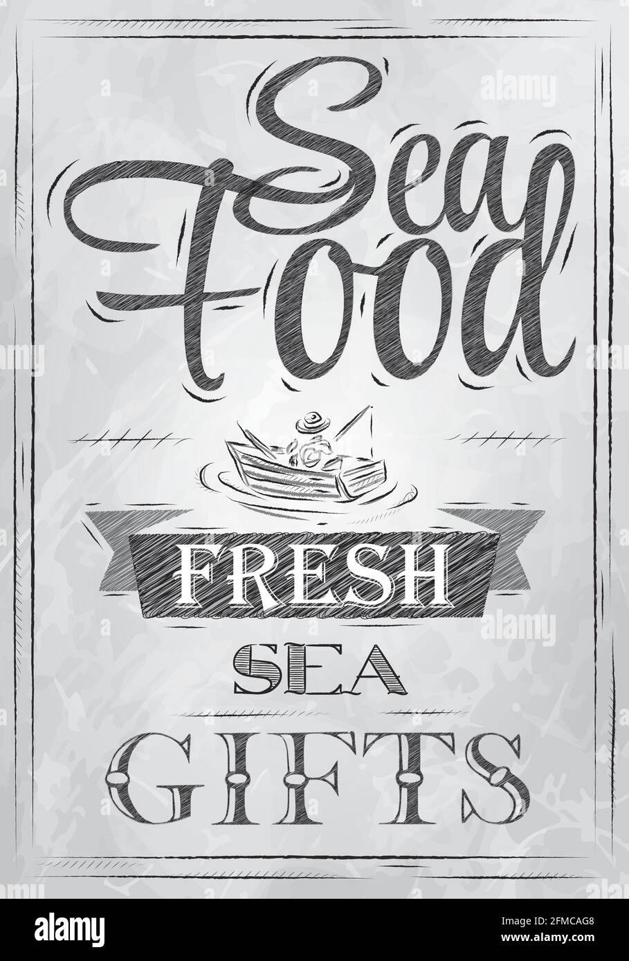 Affiche fruits de mer frais fruits de mer dans le style rétro dessin stylisé dans le charbon de bois à bord. Illustration de Vecteur