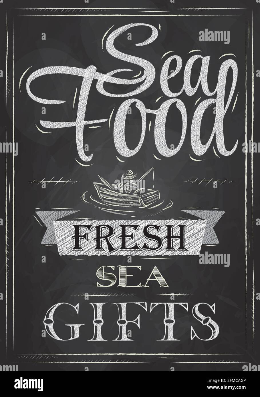 Affiche fruits de mer frais fruits de mer dans un style rétro stylisé dessin avec de la craie sur le tableau noir Illustration de Vecteur