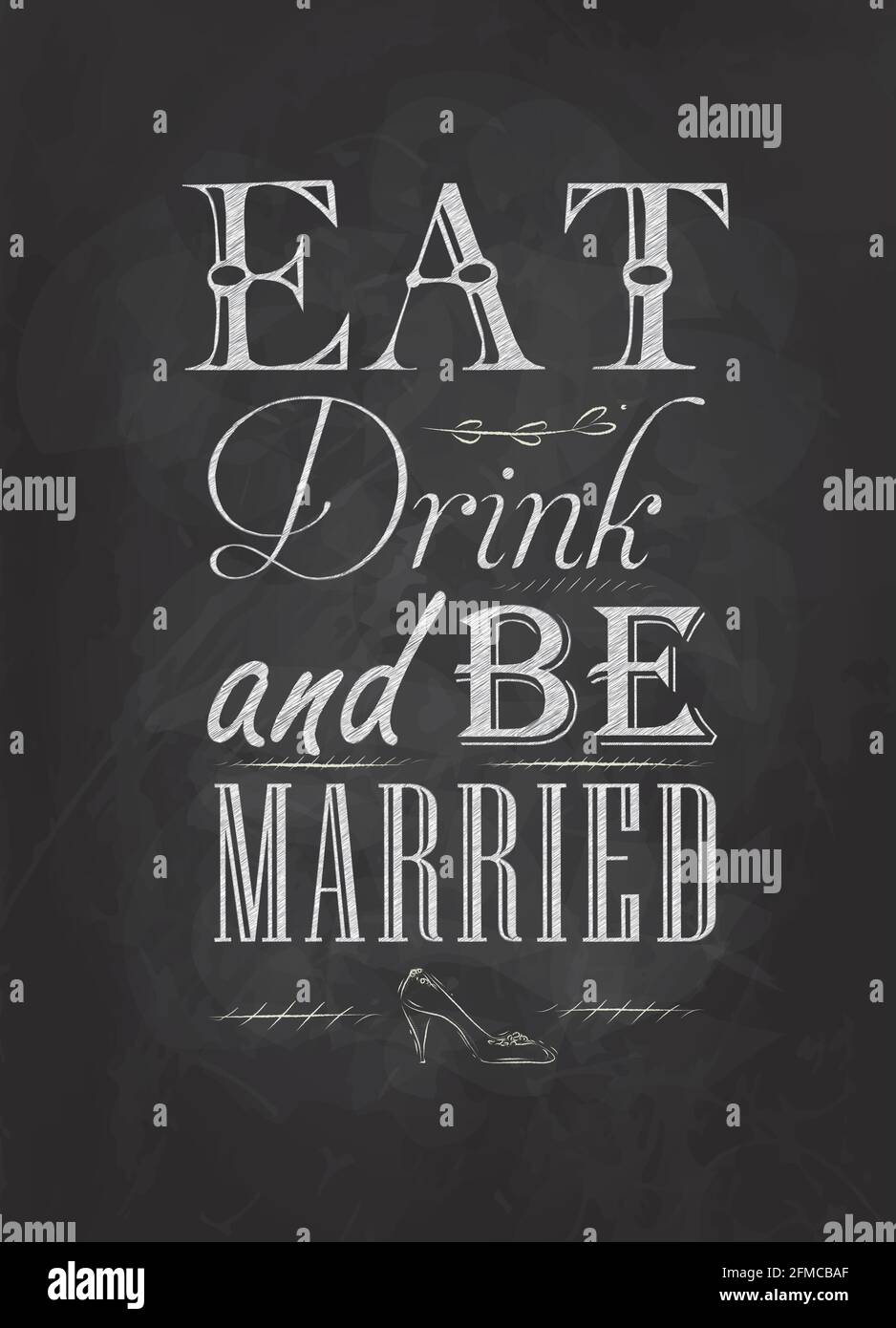 Affiche mariage lettrage manger boisson et bu marié dessin stylisé avec craie sur tableau noir. Illustration de Vecteur