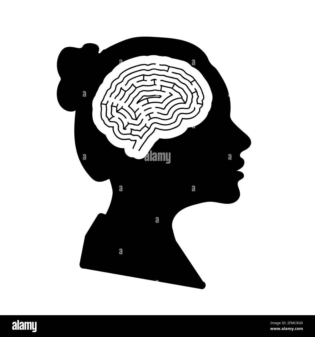 Noir détaillé femme profil de visage avec labyrinthe cerveau dans la tête sur blanc Illustration de Vecteur