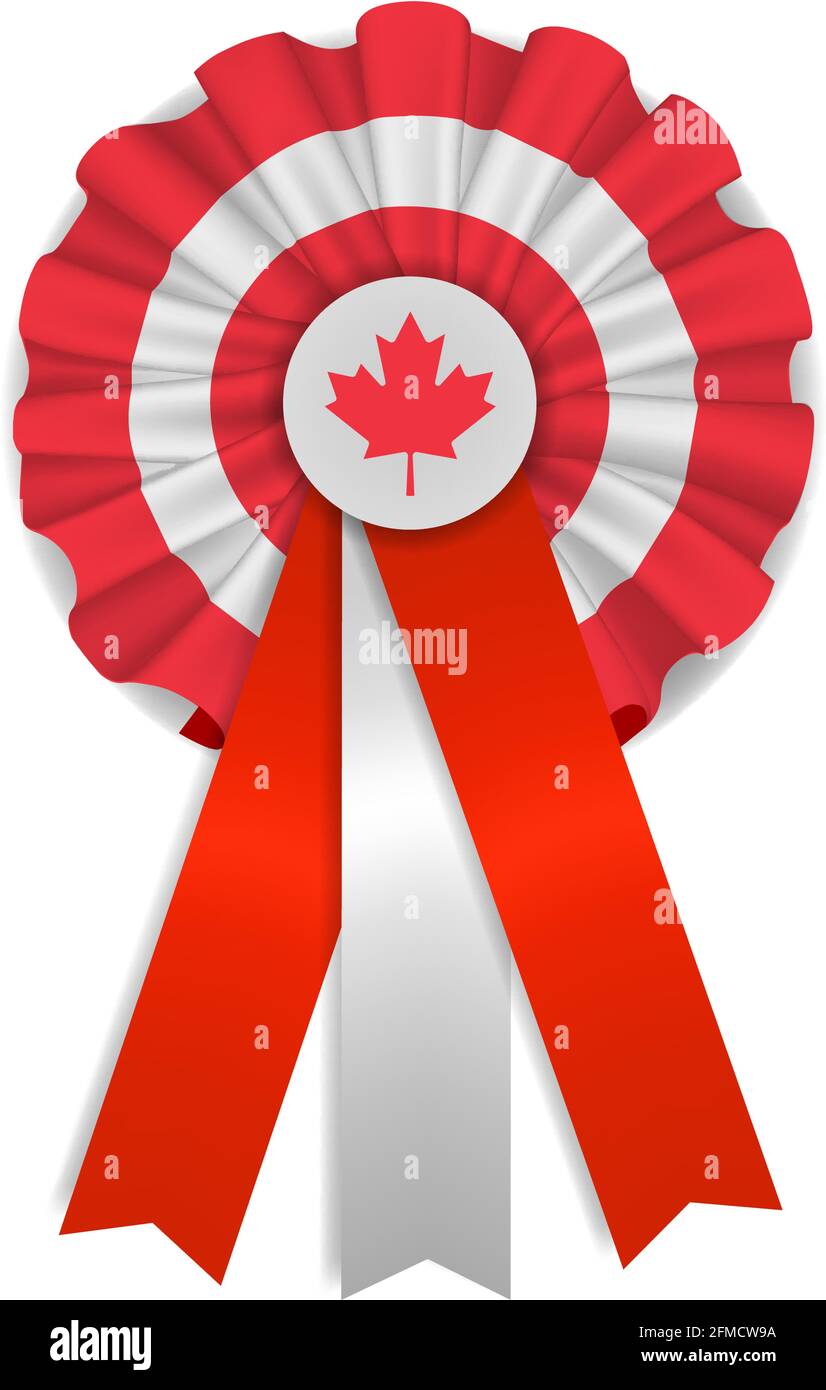 Canada coq avec rubans. Rosette blanche et rouge avec feuille rouge Illustration de Vecteur