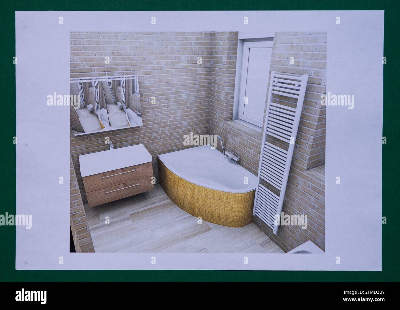 Planification d'une salle de bain avec une baignoire d'angle recouverte de  mosaïque. Les murs sont recouverts de clinker Photo Stock - Alamy