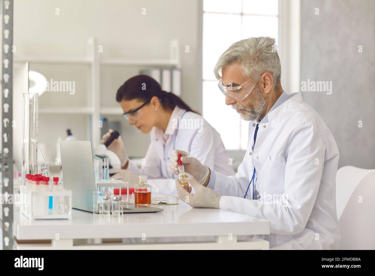 Vieux et jeune scientifique travaillant dans un laboratoire scientifique menant une expérience Banque D'Images