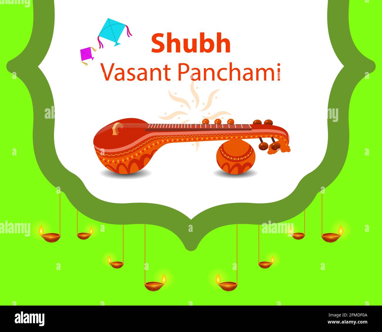 Festival de religion hindoue traditionnelle Vasant Pancami salutation avec des motifs décoratifs et instrument de musique Veena. C'est un festival de la sagesse. Illustration de Vecteur