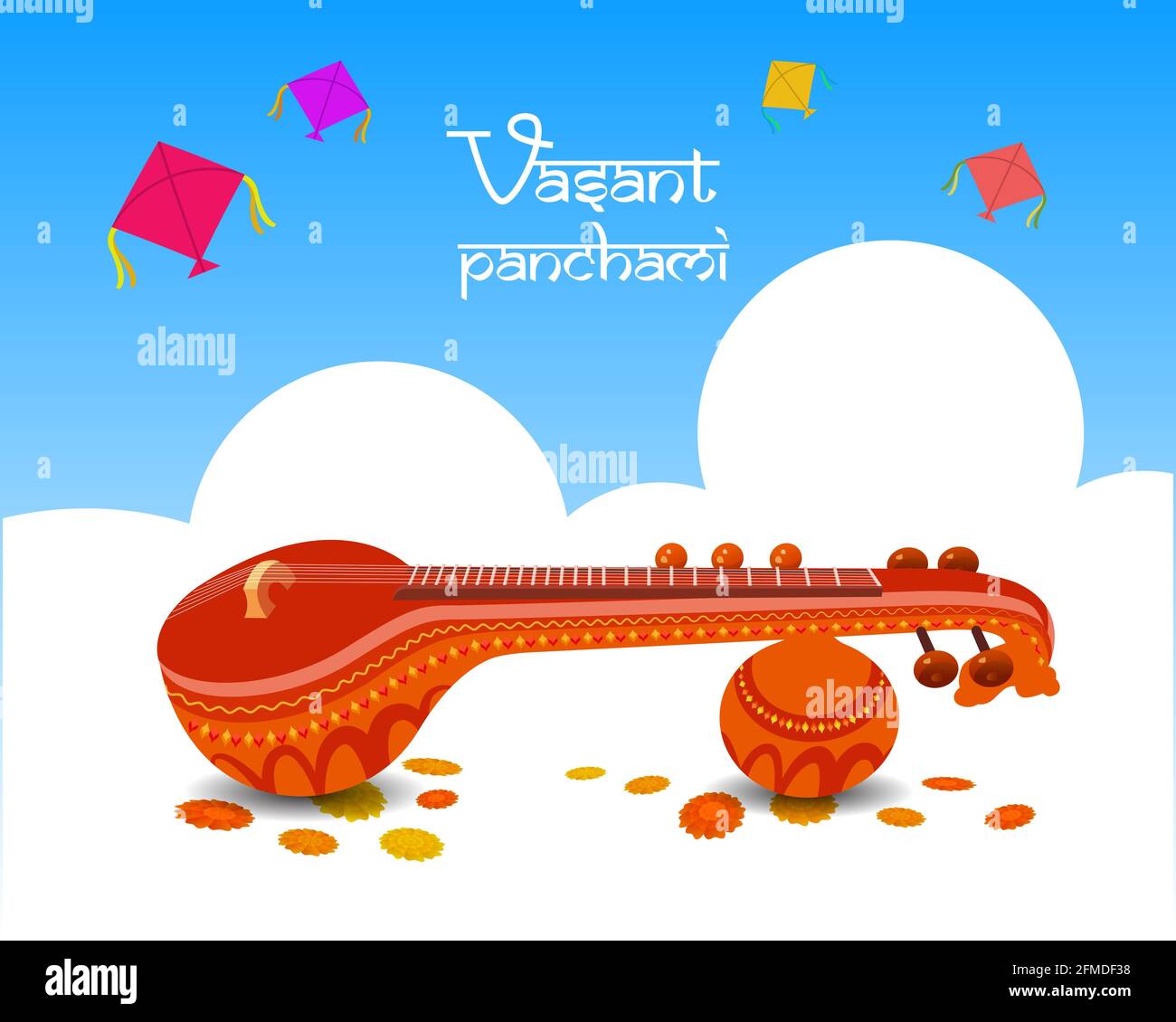 Festival de religion hindoue traditionnelle Vasant Pancami salutation avec des motifs décoratifs et instrument de musique Veena. C'est un festival de la sagesse. Illustration de Vecteur