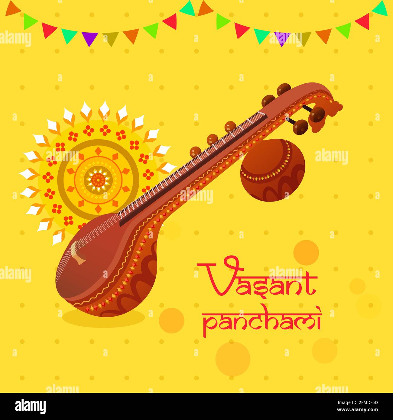 Festival de religion hindoue traditionnelle Vasant Pancami salutation avec des motifs décoratifs et instrument de musique Veena. C'est un festival de la sagesse. Illustration de Vecteur