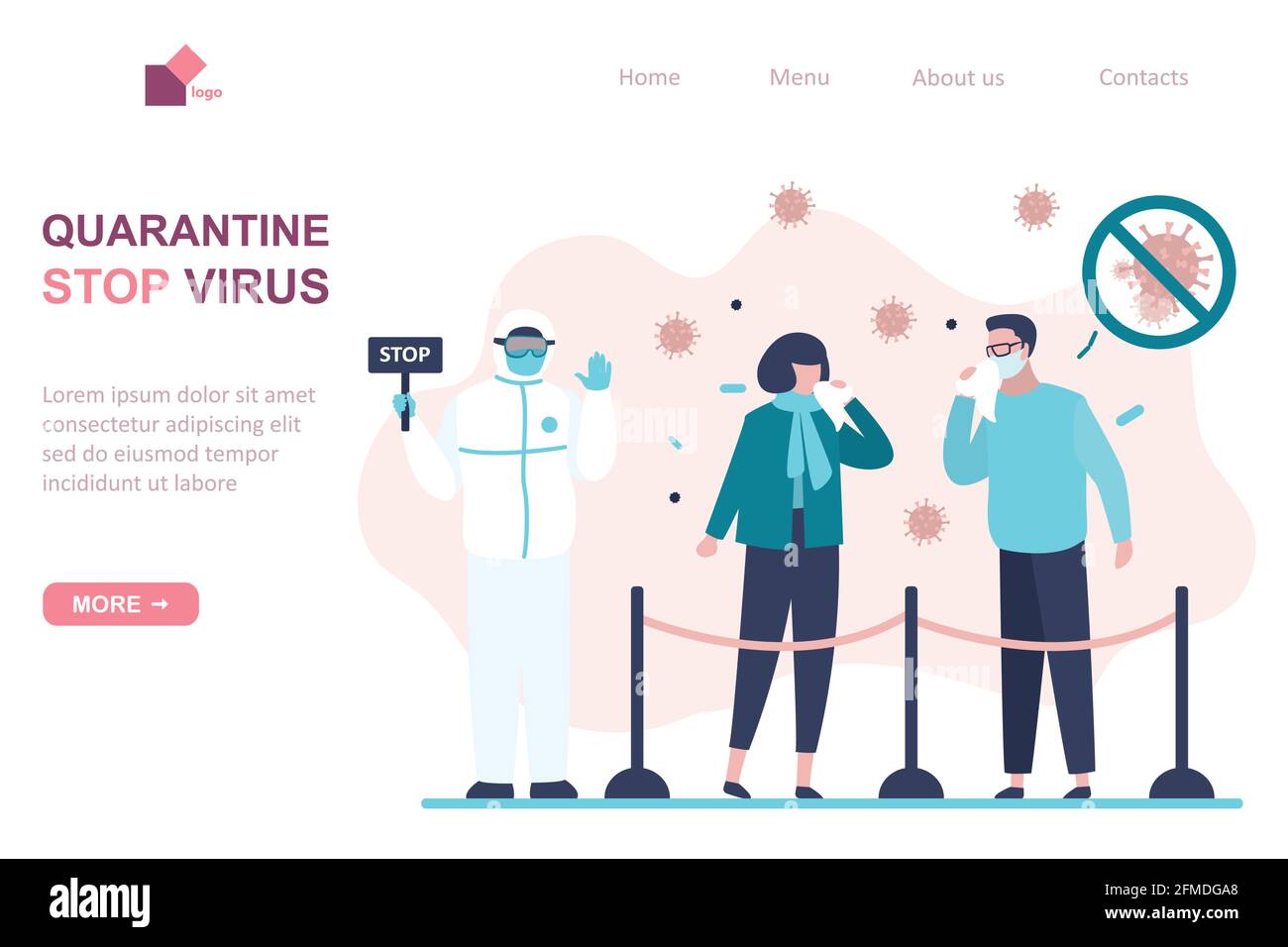 Modèle de page de destination quarantaine virale. Personnes masquées malades. Les personnages éternuent et toussent. Virus covid-19. Médecin en tenue uniforme de protection spéciale Illustration de Vecteur