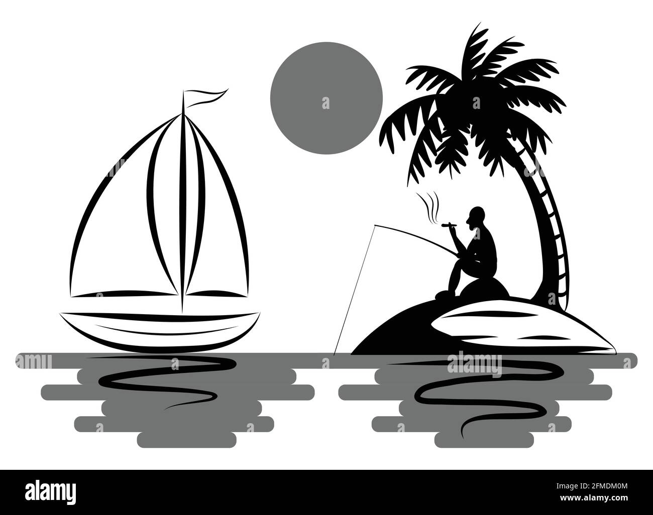 Un homme pêche et fumer confortablement. Sur une île au milieu de la mer qui a des cocotiers. Et il y a un voilier flottant à côté Illustration de Vecteur