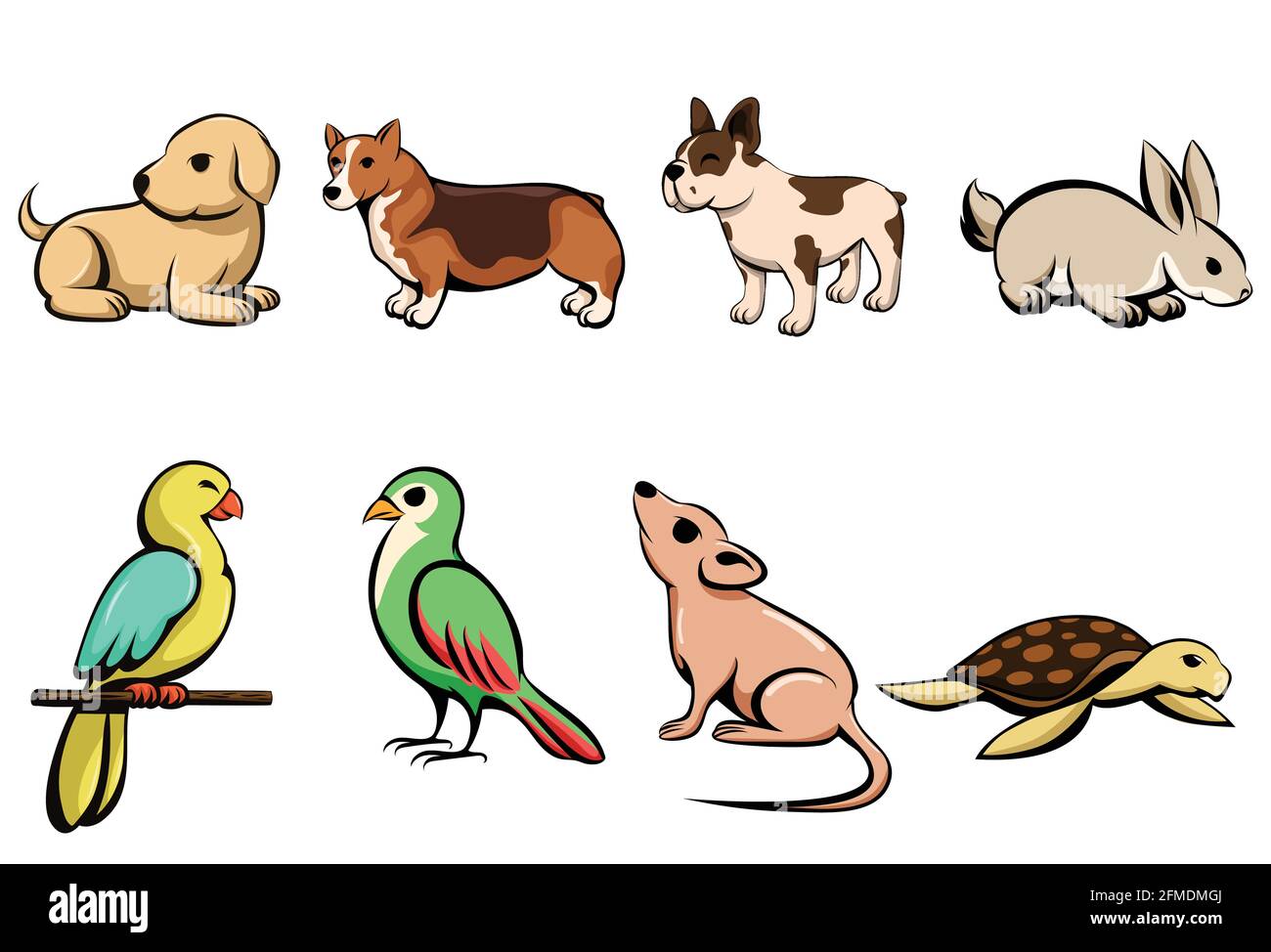 Illustration vectorielle représentant huit animaux de compagnie différents avec un chiot chien lapin perroquet oiseau souris et tortue Illustration de Vecteur
