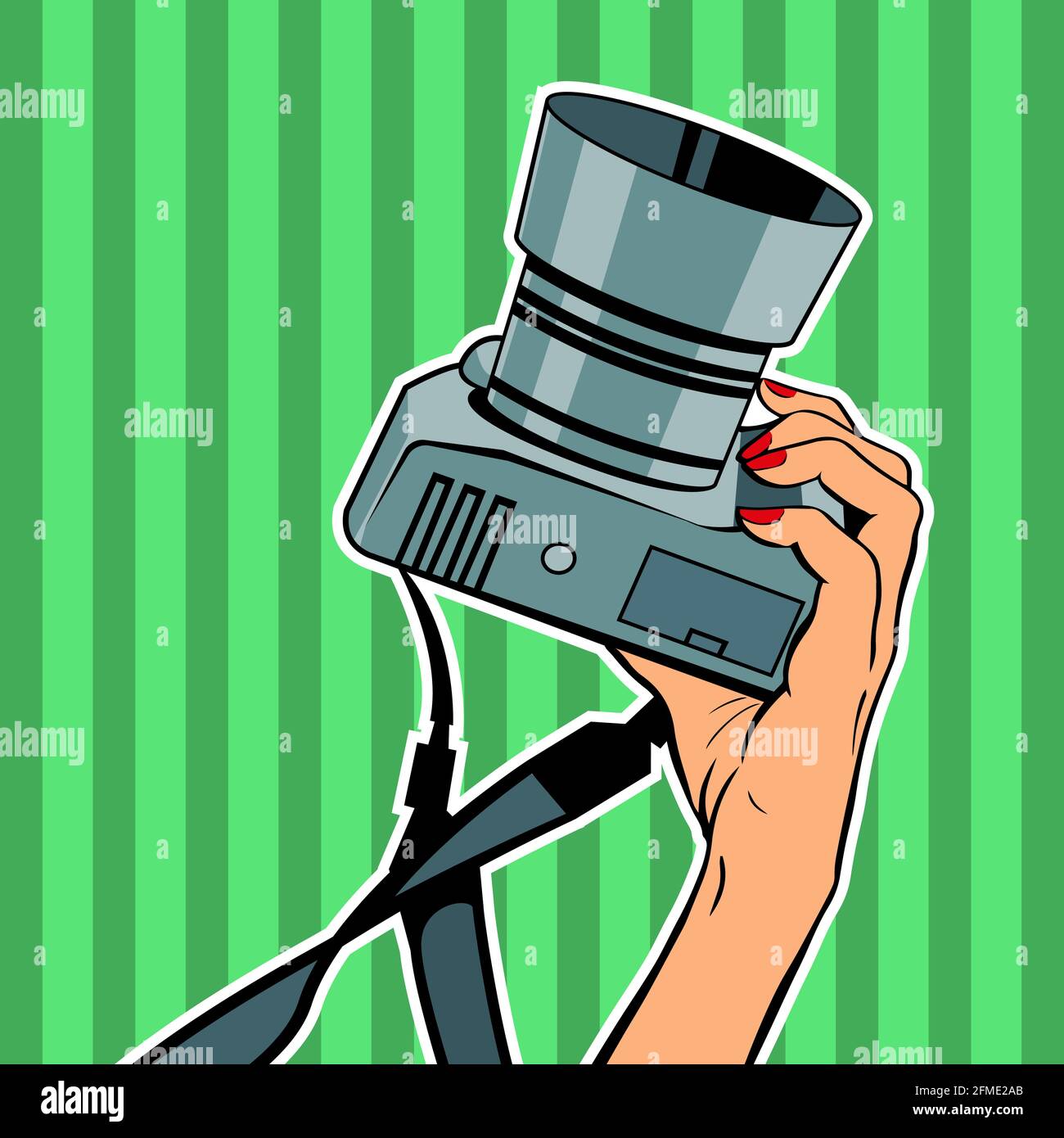 Main femelle avec un appareil photo sur fond vert. Illustration vectorielle isolée dans le style rétro POP art. Illustration de Vecteur