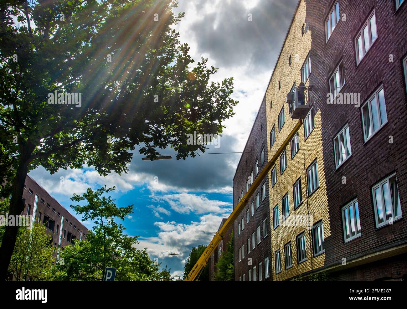 Künstler Boran Burchhardt trägt hauchdünnes Blattgold mit einem Spezialkleber auf eine 300 Quadratmeter große Hauswand à Hamburg-Veddel auf. Banque D'Images