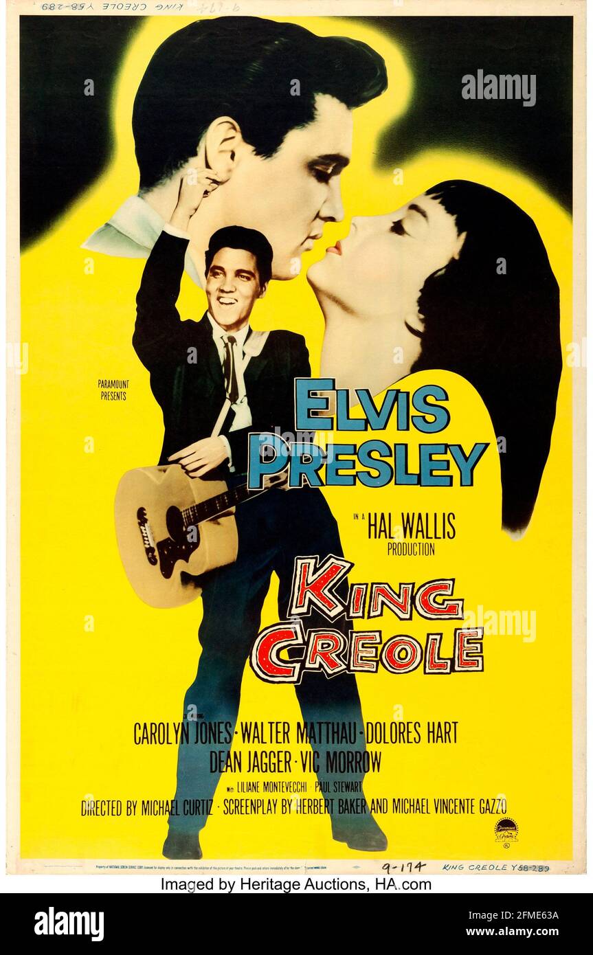 Elvis Presley, affiche de film pour King Creole 1958, version jaune. HAL Wallis. Banque D'Images Elvis Presley, affiche de film pour King Creole 1958, version jaune. HAL Wallis. Banque D'Images