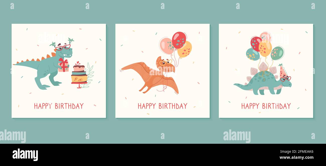 Joyeux Anniversaire Cartes De Voeux Ensemble Tyrannosaur Rex Stegosaurus Pteranodon Ballons Gateaux Cadeaux Dinosaures Amusants Sur Des Cartes De Vacances Pour Les Enfants Vecteur Style De Dessin Anime Image Vectorielle Stock