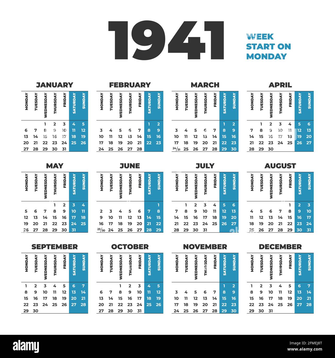 calendrier vectoriel de 1941 ans. Les semaines commencent le lundi Illustration de Vecteur