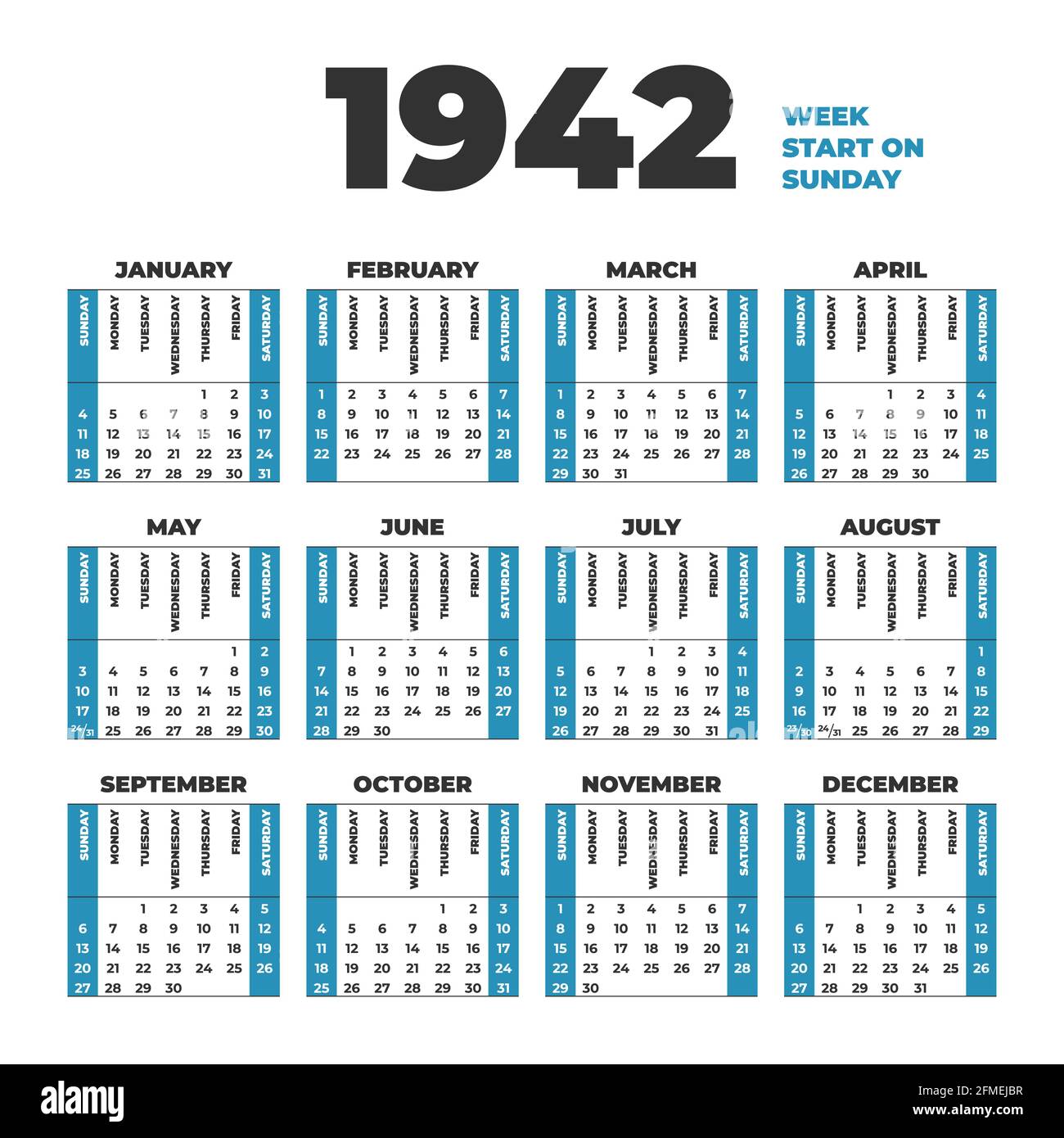 calendrier vectoriel de 1942 ans. Les semaines commencent le dimanche Illustration de Vecteur