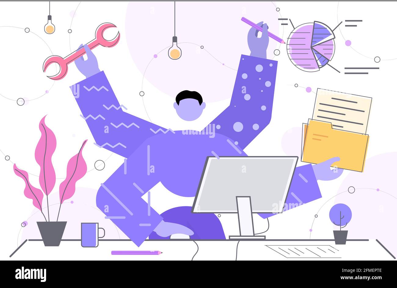 homme d'affaires avec beaucoup de mains travaillant à l'ordinateur homme d'affaires assis à l'échéance du multitâche sur le lieu de travail Illustration de Vecteur