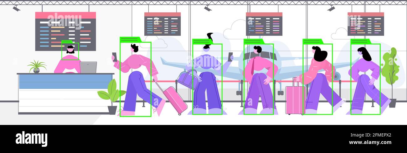 personnes se tenant à l'enregistrement de l'aéroport surveillance de la caméra de sécurité identification du système de vidéosurveillance Illustration de Vecteur