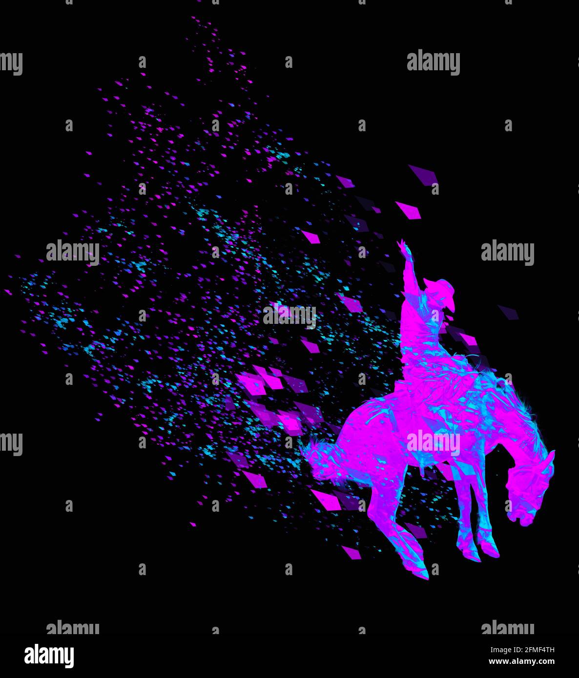 Digital Particle Cyber art Synthwave Rodeo Cowboy sur le bucking Bronco années 80 Banque D'Images