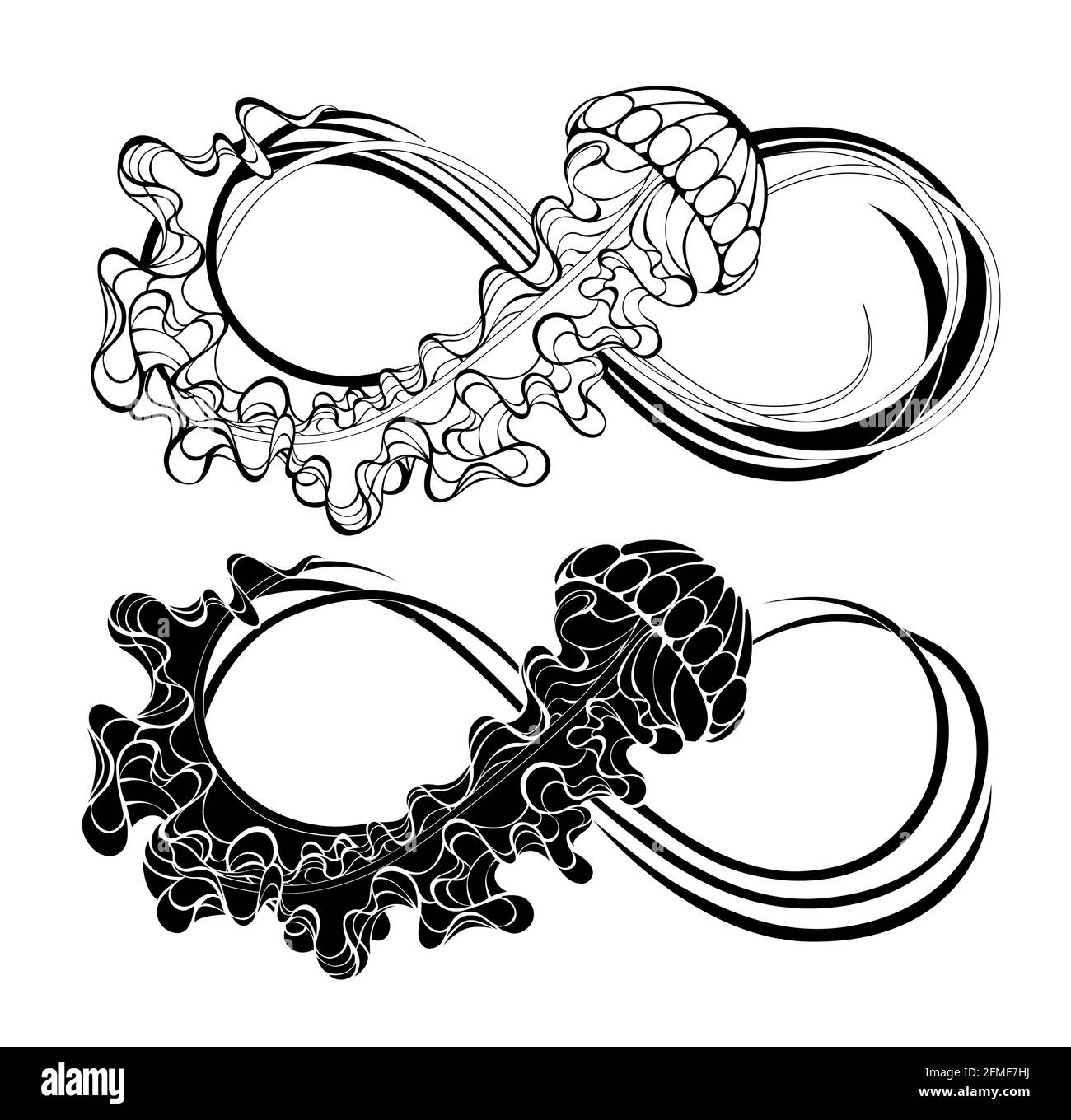 Deux symboles de contour infini avec méduses noires décorées de tentacules longs sur fond blanc. Silhouette de méduse. Illustration de Vecteur
