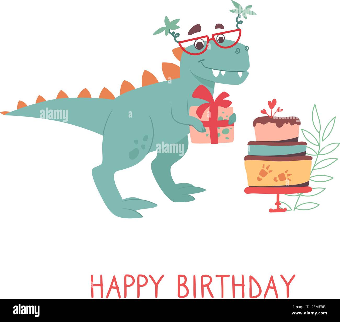 Mignon tyrannosaurus rex sur une carte de vœux. Dino en lunettes de soleil avec palmiers faisant un cadeau. Dinosaure vacances, gâteau. Carte postale vectorielle drôle pour enfants, fond blanc Illustration de Vecteur