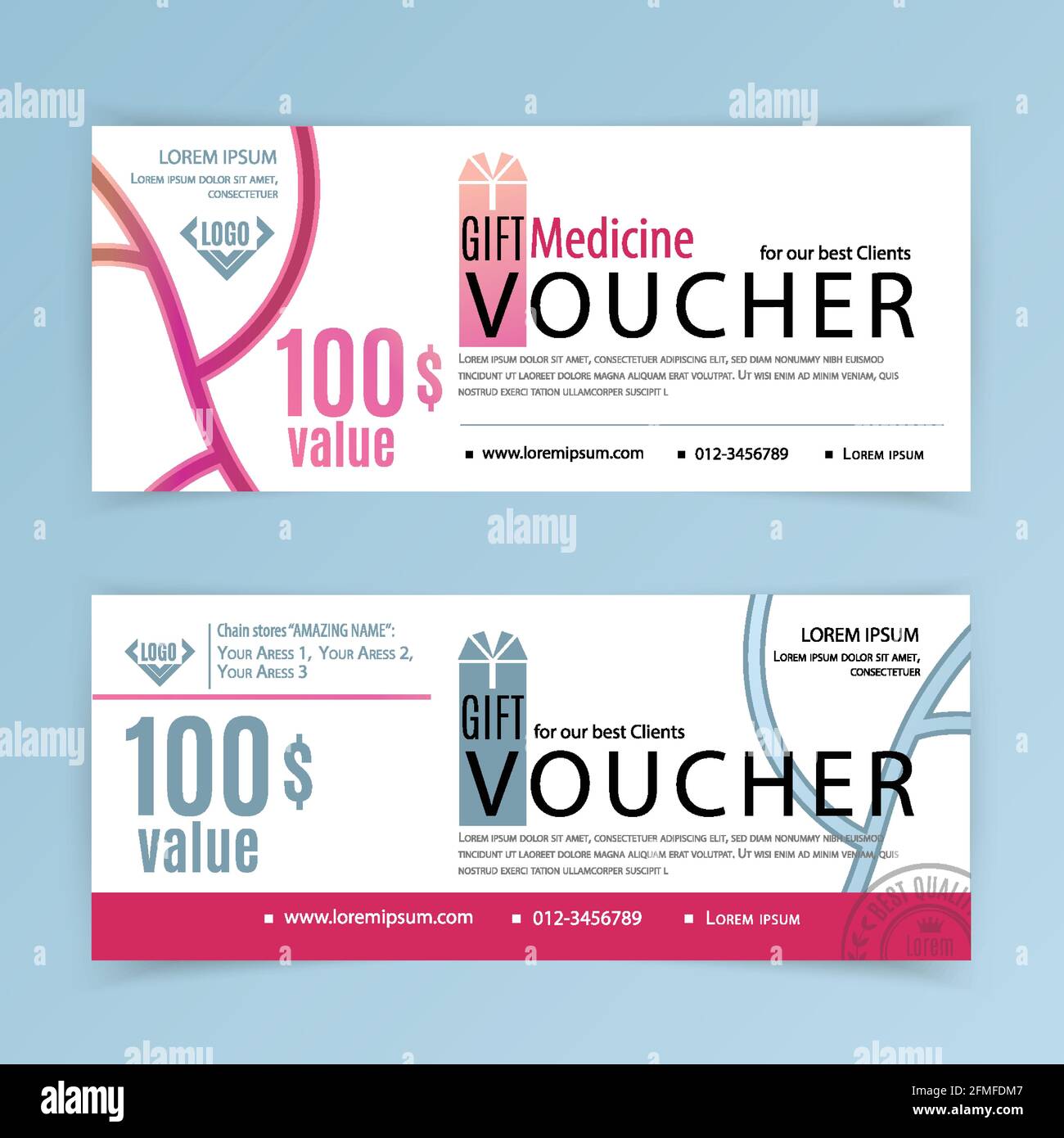 Modèle de bon d'achat de médicaments vectoriels. Prospectus universel pour les entreprises. design vectoriel blanc de luxe pour les grands magasins, les entreprises. Valeur 100 dollars. Illustration de Vecteur