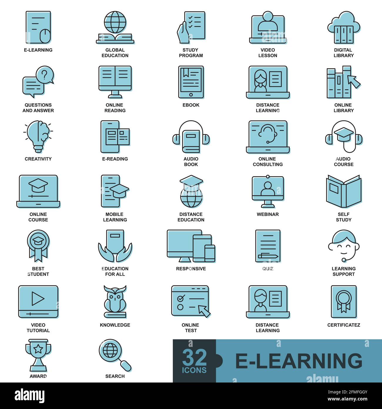 e learning en ligne éducation éléments minimum ligne mince, solide, glyphe, rempli, couleur nous - icône ensemble contour icônes collection Illustration de Vecteur
