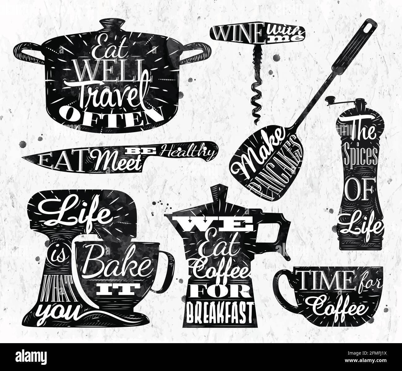 Symbole de la cuisine dans un style rétro vintage lettering gobelet à casseroles, couteau, batteur, Illustration de Vecteur