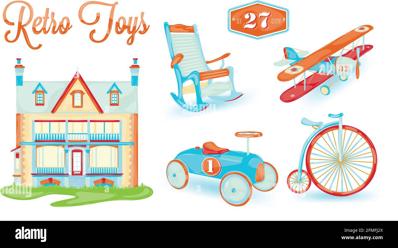 Maison de poupée rétro jouet, vélo, voiture, avion, chaise, jouets stylisés vintage, bébé Illustration de Vecteur