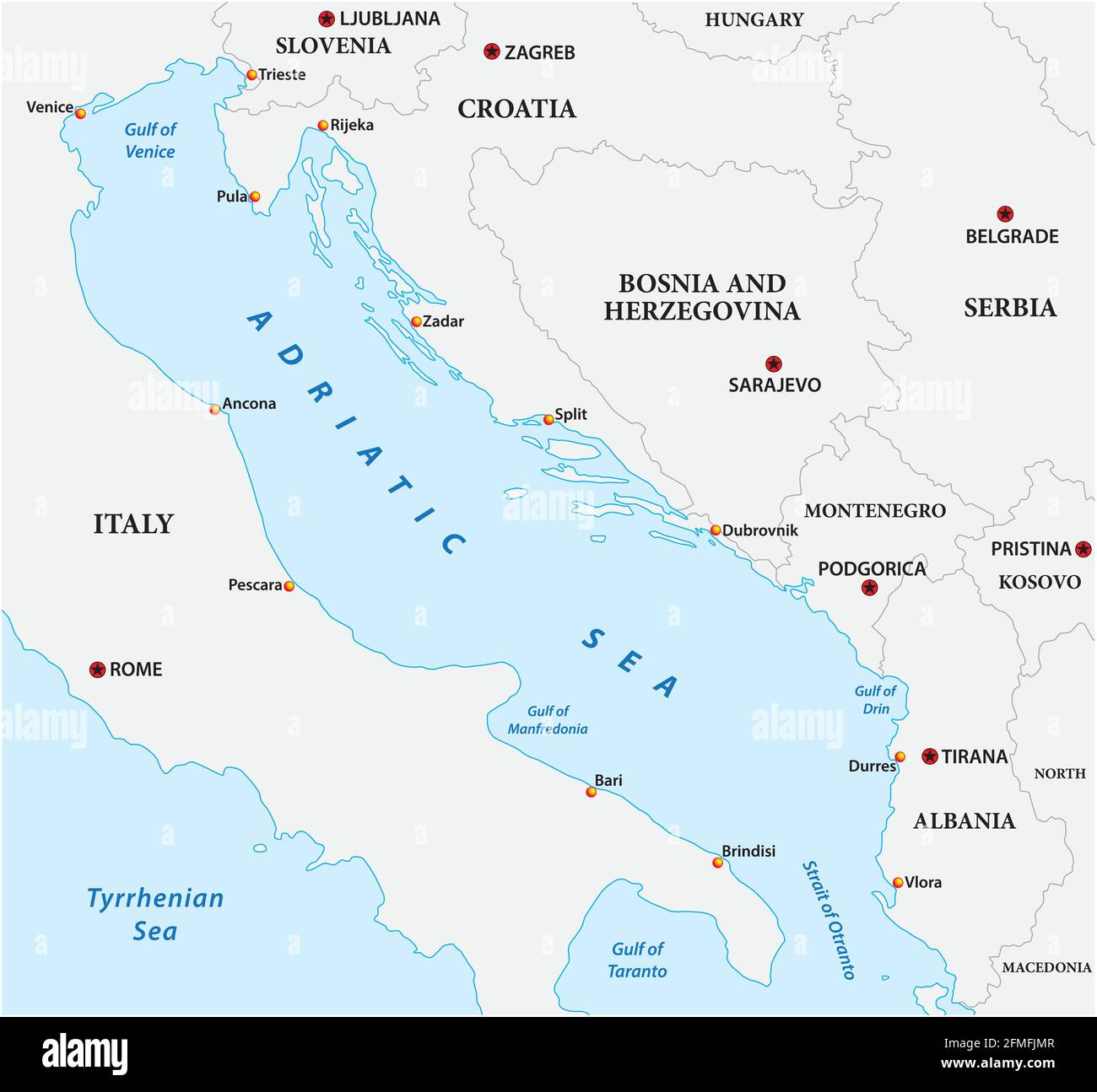 carte vectorielle de la mer adriatique avec ses pays voisins Illustration de Vecteur