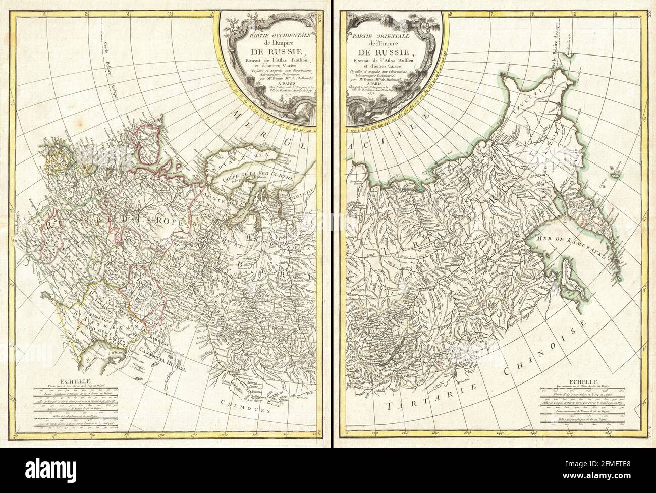 Carte ancienne en cuivre gravée de la Russie du XVIIIe siècle. Toutes les cartes sont magnifiquement colorées et illustrées montrant le monde à l'époque. Banque D'Images