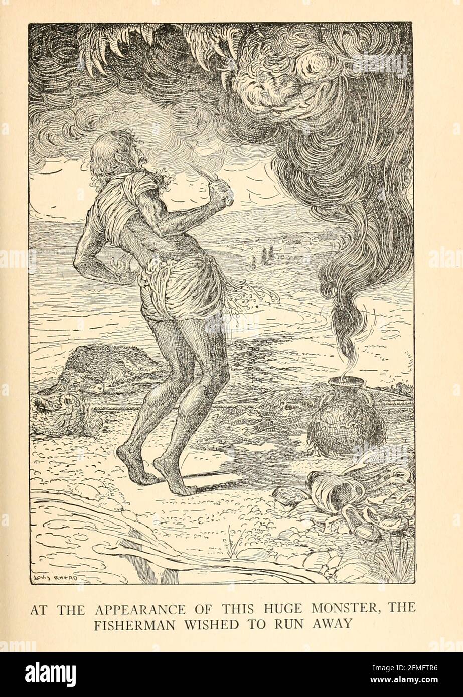 Lors de l'apparition de cet énorme monstre, le pêcheur souhaitait s'éloigner du livre « The Arabian Nghts » (les nuits d'Arabie) « Test and illustrations » de Louis Rhead, publié à New York par Harper & Brothers en 1916. Pour sauver sa vie, Sheherazade divertit le sultan en lui racontant des histoires merveilleuses Banque D'Images