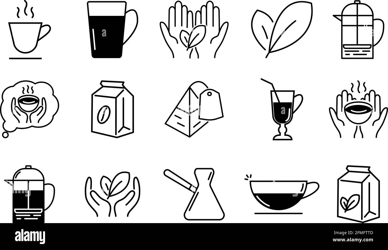Icônes du café et du thé. Contenir la presse à café, une tasse de thé ou de café, les mains avec une feuille de thé et d'autres. Illustration de Vecteur