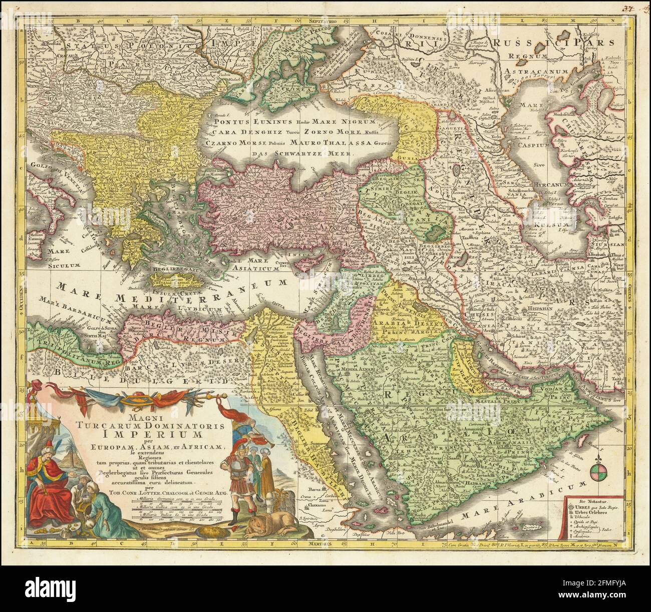 Carte ancienne en cuivre gravée de l'Empire ottoman du XVIIIe siècle. Toutes les cartes sont magnifiquement colorées et illustrées montrant le monde à l'époque. Banque D'Images