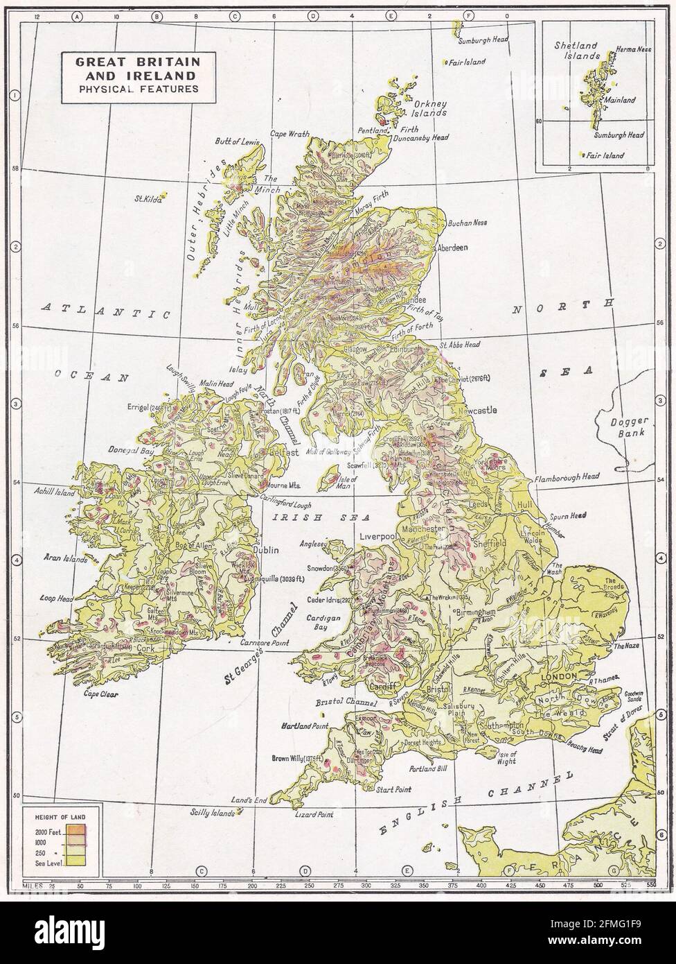 Carte d'époque de la Grande-Bretagne et de l'Irlande - caractéristiques physiques des années 1930. Banque D'Images